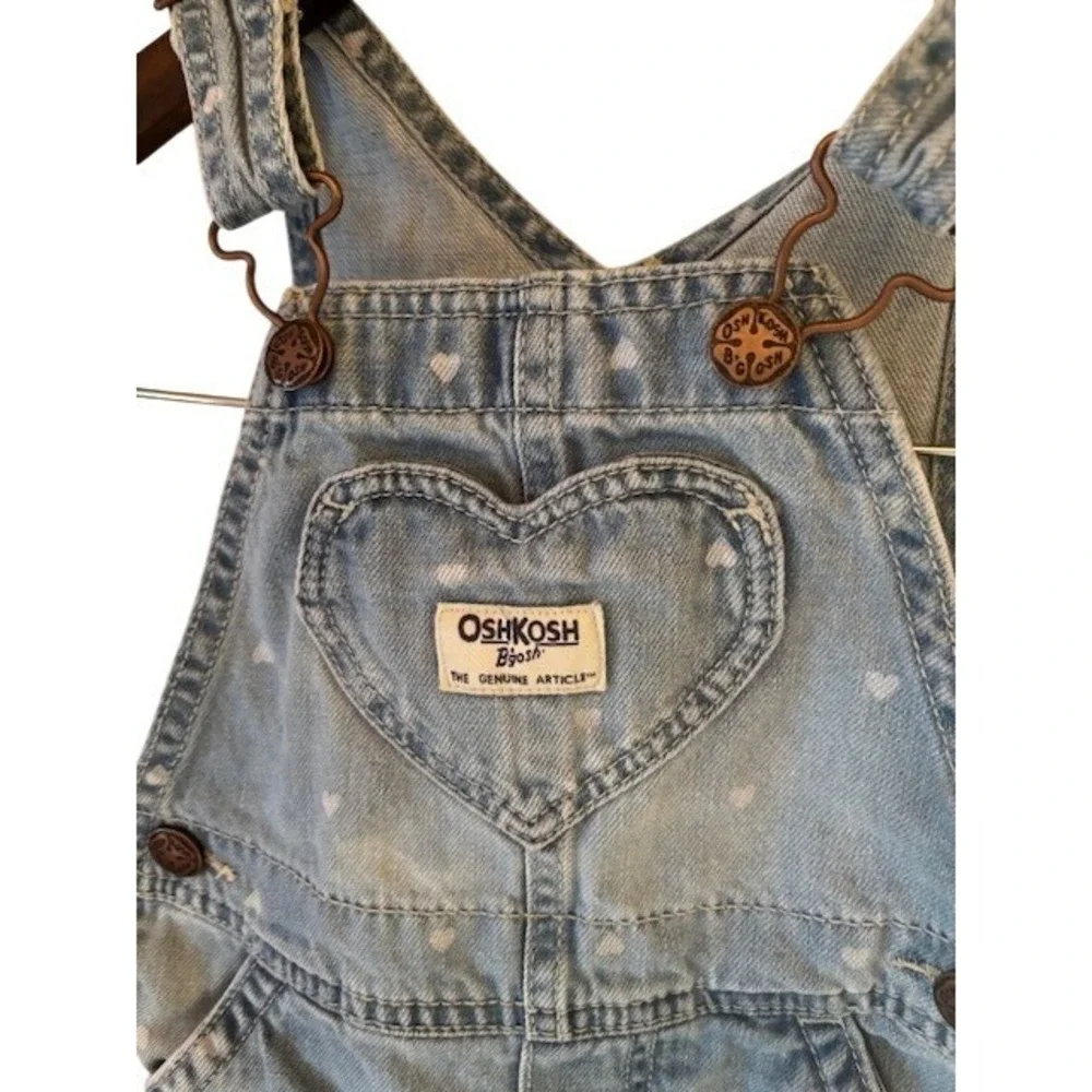 OshKosh B'gosh Girls Blue Denim Heart Print Overalls 2T Heart Pocket Light Wash